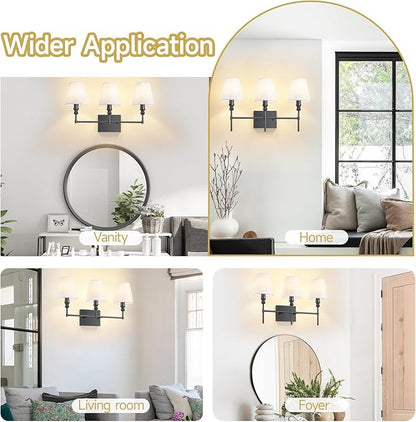 Vanity Lights For Bathroom,23.6 In Black Bathroom Light Fixtures Over Mirror,Vintage 3-Light Vanity Light With Flared White Fabric Lampshade For Bedroom,Hardwired Hallway Sconce Light,E12 Base