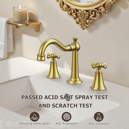 Hurran 8 Inch Widespread Bathroom Sink Faucet Brushed Gold, 3 Hole 2 Cross Handles Classic Vintage Antique Faucet with Metal Pop Up Drain and Supply Hoses for Vanity, RV, Farmhouse