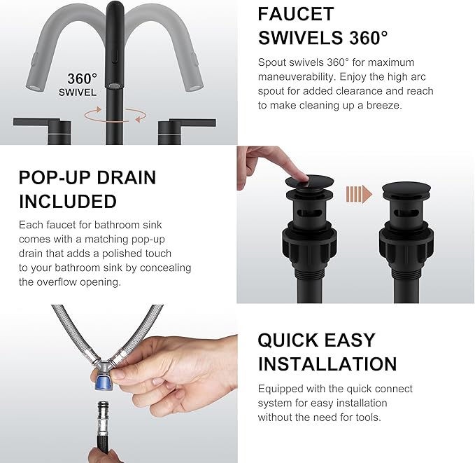 KENES Matte Black Pull Out Bathroom Faucet, 8 Inch 2 Handle Widespread Bathroom Faucet 3 Hole with Pull Down Sprayer, Bathroom Sink Faucet with Pop Up Drain & Supply Lines LJ-9068-2