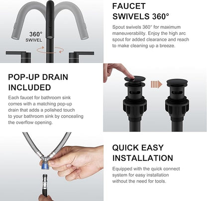 KENES Matte Black Pull Out Bathroom Faucet, 8 Inch 2 Handle Widespread Bathroom Faucet 3 Hole with Pull Down Sprayer, Bathroom Sink Faucet with Pop Up Drain & Supply Lines LJ-9068-2