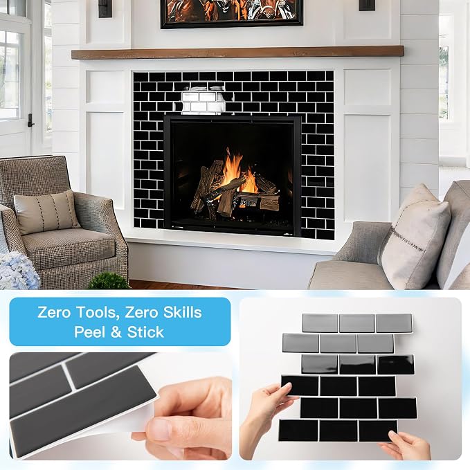 Art3d 10-Pack Subway Peel and Stick Backsplash, Black with Silver Grout | 12 x 12 Inch, Thickened Design, No Warping, Durable, Self-Adhesive, for Kitchen, Bedroom Decor, Ideal for New Home Buyers