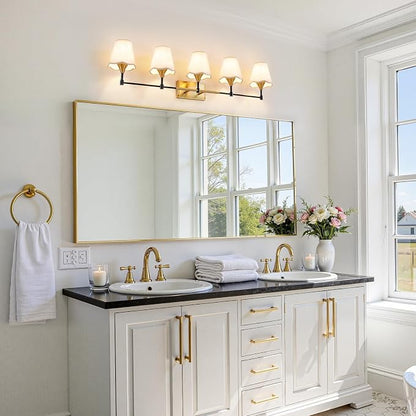 Black Gold Bathroom Vanity Light: 5 Light Vanity Lighting Fixtures with Flared Fabric Shade, Farmhouse Bathroom Lighting Fixtures over Mirror, Wall Sconce Lights for Bedroom Hallway Living Room
