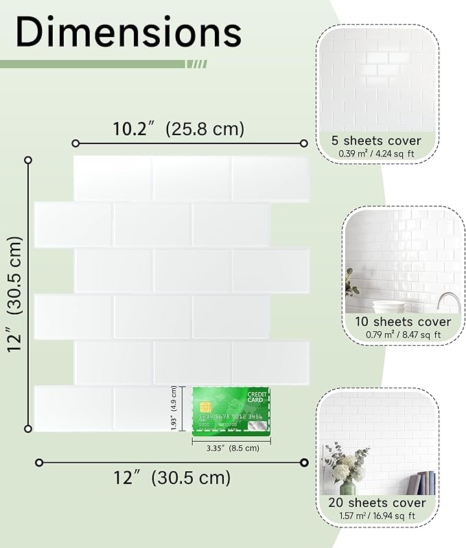 Peel and Stick Backsplash for Kitchen: Self Adhesive Wall Tiles for Bathroom - Vinyl Thick Back Splash Tile (10, White)