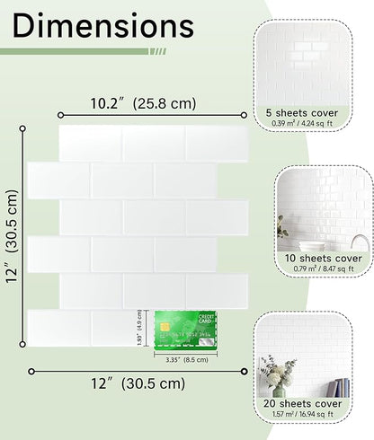 Peel and Stick Backsplash for Kitchen: Self Adhesive Wall Tiles for Bathroom - Vinyl Thick Back Splash Tile (10, White)