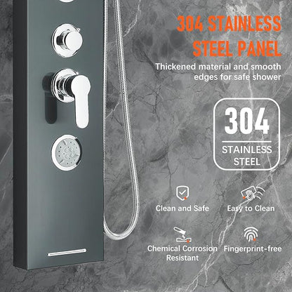 Fuz LED Shower Panel Tower System with Rainfall Waterfall Shower, Black Shower Tower with Jets and Rainfall and Handheld, 5 in 1 Stainless Steel Shower Column High Pressure with Tub Spout