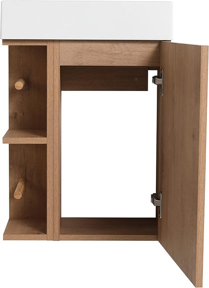 16" Bathroom Vanity with Sink, 16 Inch Floating Bathroom Vanity for Small Space, Modern Bathroom Vanity, Brown Wall Mounted Cabinet Set（050）