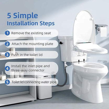 Electric Bidet Toilet Seat Round - Smart Heated Toilet Seat with Remote Control, Instant Warm Water, Self-Cleaning Nozzle, Warm Air Dryer, Feminine Wash, Soft Close, LED Display