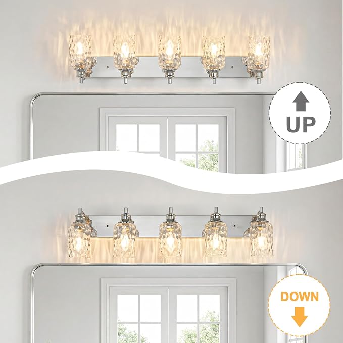 Bathroom Light Fixtures Over Mirror, 2 Lights Vanity Lights with Hammered Glass Shade, 37" Chrome Farmhouse Bathroom Light Fixtures for Bedroom, Porch, Hotel, Mirror Cabinet