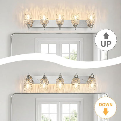 Bathroom Light Fixtures Over Mirror, 2 Lights Vanity Lights with Hammered Glass Shade, 37" Chrome Farmhouse Bathroom Light Fixtures for Bedroom, Porch, Hotel, Mirror Cabinet