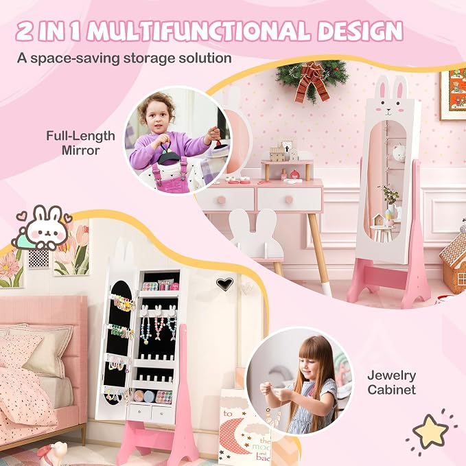 HONEY JOY Kids Jewelry Armoire Cabinet, Rabbit Themed Wooden Standing Jewelry Organizer w/Full-length Mirror and Storage Drawers, Children Dress Up Jewelry Cabinet for Little Girls (White)