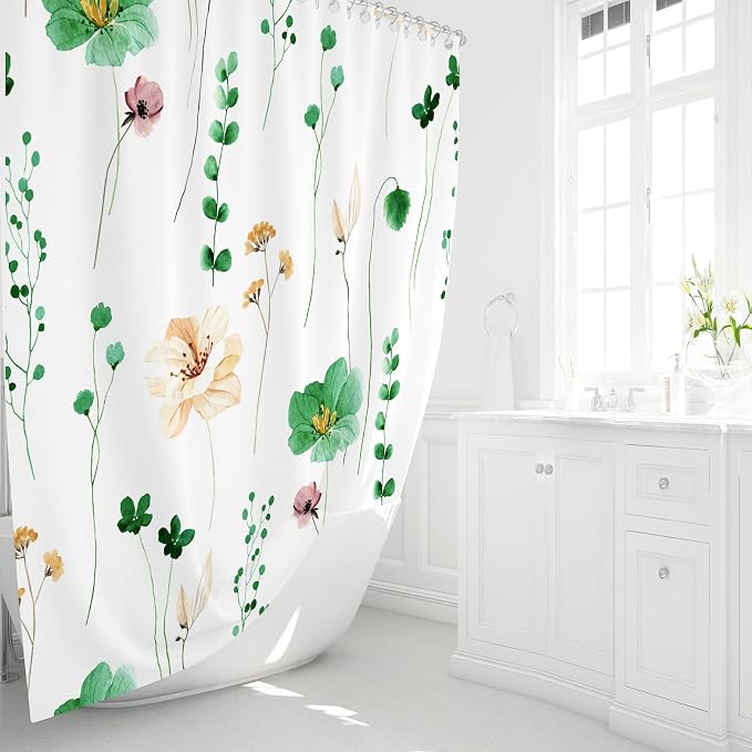 Emerald Green Beige Watercolor Floral Fabric Shower Curtain, 72x72 | Waterproof Fabric, Modern Minimalist Floral Print, Machine Washable, Rustproof Grommets, for Bathroom