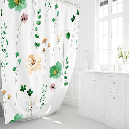 Emerald Green Beige Watercolor Floral Fabric Shower Curtain, 72x72 | Waterproof Fabric, Modern Minimalist Floral Print, Machine Washable, Rustproof Grommets, for Bathroom