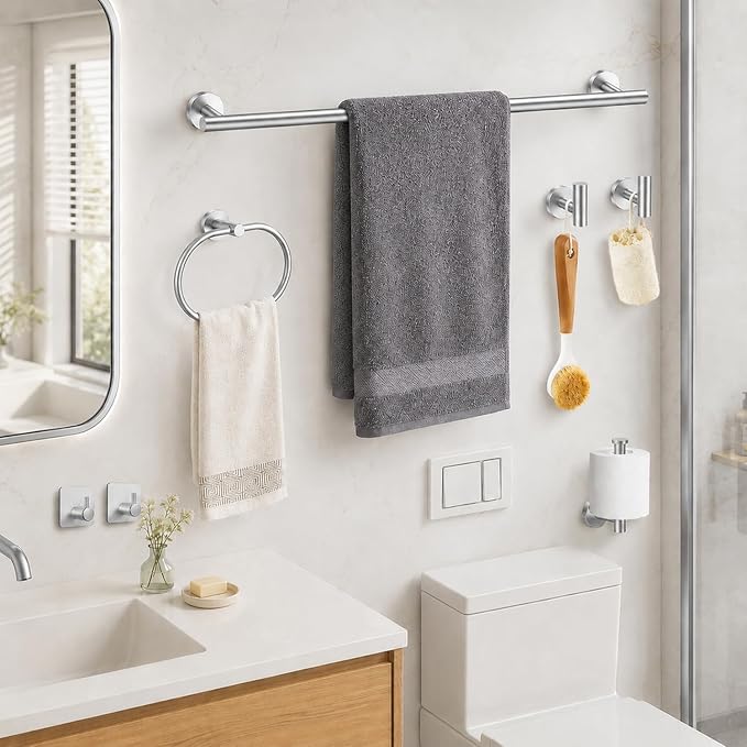 Silver Bathroom Accessories Set, 7 Pieces Silver Towel Bar Bathroom Hardware Set, 24 Inch Towel Racks for Bathroom, SUS304 Stainless Steel Bathroom Towel Holder Toilet Paper Holder Wall Mounted