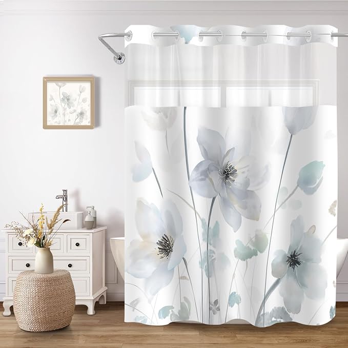 No Hook Shower Curtain and Liner Set, Light Blue Boho Floral 71x77 | Watercolor Boho Flower, with Snap in Liner, Mesh Top Window, Waterproof, Machine Washable, Quick-Drying, for Hotel Bathroom