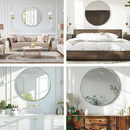 Round Silver Mirror 24 Inch, Brushed Nickel Frame, Circle Mirror | Circular Wall Mirrors for Bathroom, Living Room, Bedroom, Entryway, Hallway, Dining Room, Vanity, Chrome Thin Metal Frame