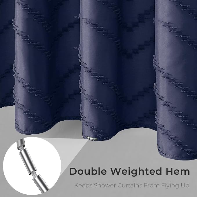 78 Inches Long Boho Tufted Chevron Striped Fabric Shower Curtain Navy Blue 72x78 Tall Minimalist Waterproof Cloth Shower Curtain, Wrinkle Free
