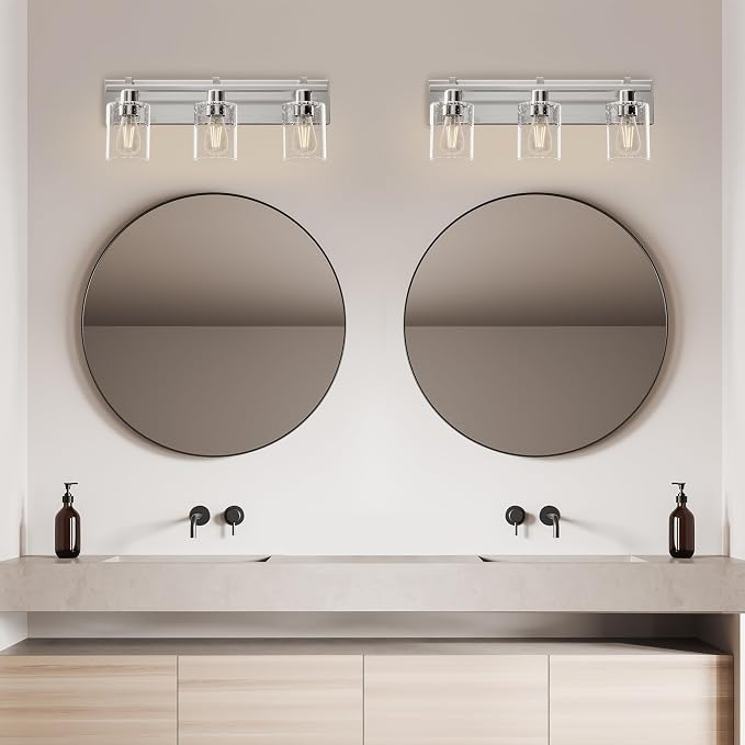 3-Light 21inch Brushed Nickel Vanity Light, Thickened Seeded Glass | Over Mirror for Bathroom, Rust Resistant, E26 Base, Easy Install, Removable Glass Shade Horizontal Mount, Dimmable