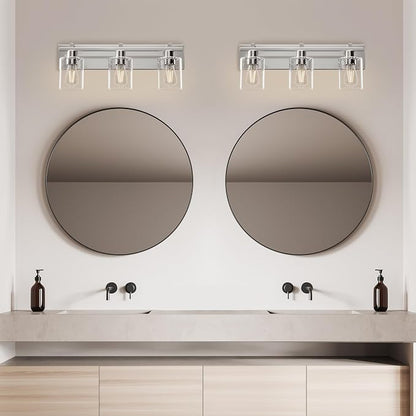 3-Light 21inch Brushed Nickel Vanity Light, Thickened Seeded Glass | Over Mirror for Bathroom, Rust Resistant, E26 Base, Easy Install, Removable Glass Shade Horizontal Mount, Dimmable