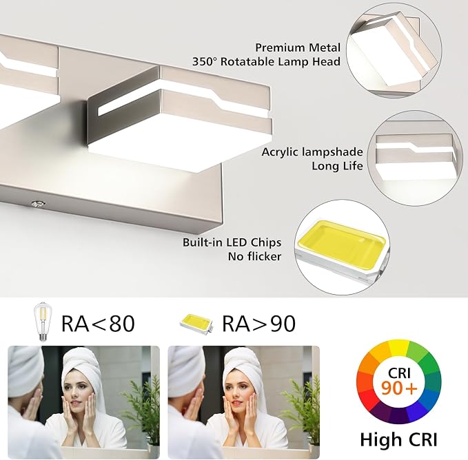 LED Modern Bathroom Vanity Light Fixtures 4-Light, 25.5 inch Dimmable Nickel Vanity Lights for Bathroom Lighting Fixtures Over Mirror, with 350°Rotatable Acrylic Heads(White Light 5500K)