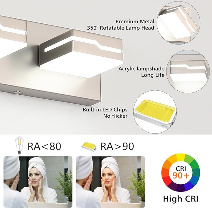 LED Modern Bathroom Vanity Light Fixtures 4-Light, 25.5 inch Dimmable Nickel Vanity Lights for Bathroom Lighting Fixtures Over Mirror, with 350°Rotatable Acrylic Heads(White Light 5500K)