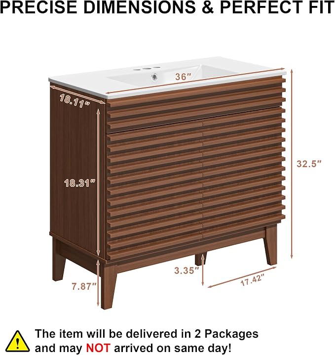 36 Inch Bathroom Vanity with Sink, Walnut Fluted Freestanding Bathroom Vanity Cabinet with Ceramic Sink Top, Solid Wood Legs, Soft Close Double Doors and Modern Storage Cabinet