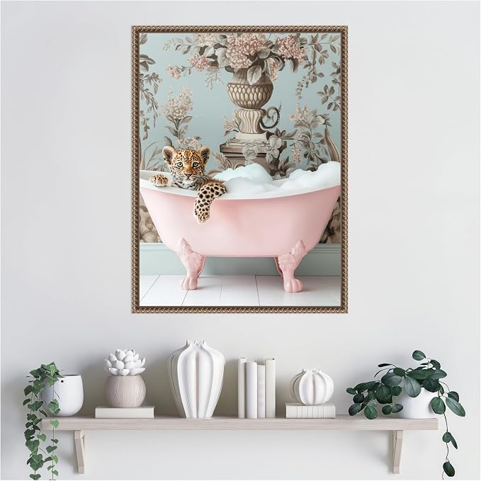 Amanti Art Framed Canvas Wall Art 24x18 Leopard Pink Bubble Bath by Niky Rahner, Framed Wall Art Canvas, Animals Artwork, Traditional Decor, Medium Poster Painting for Living Room, Bedroom, Bathroom