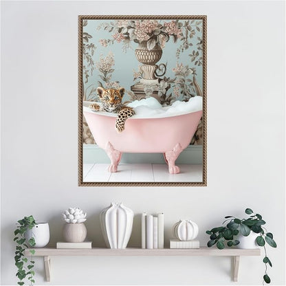 Amanti Art Framed Canvas Wall Art 24x18 Leopard Pink Bubble Bath by Niky Rahner, Framed Wall Art Canvas, Animals Artwork, Traditional Decor, Medium Poster Painting for Living Room, Bedroom, Bathroom