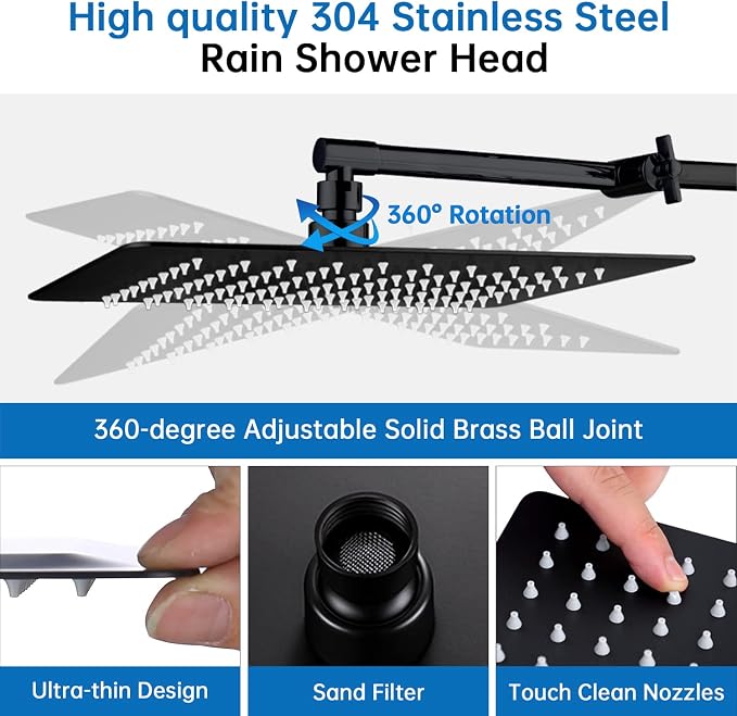 G-Promise 12 Inch All Metal Rain Shower Head with Extension Arm | Built to Last, Rust Resistant, Easy to Install, Adjustable, Full Body Coverage Large Rainfall Shower Head, Daily SPA