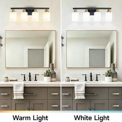 Black and Gold Bathroom Light Fixtures, 4-Light Vanity Lights,24" | Bathroom Vanity Lights with Milky White Glass Shade,Bathroom Lights Over Mirror Wall Lamp Sconces for Mirror Restroom Sink