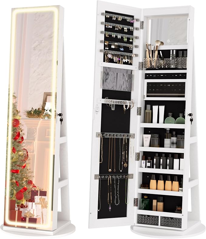 Zamildon's LED Mirror Jewelry Armoire, 360 Swivel Full Length Mirror Jewelry Cabinet, Freestanding Mirrored Jewelry Organizer with Interior LED Lights & Storage Shelves, White