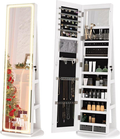 Zamildon's LED Mirror Jewelry Armoire, 360 Swivel Full Length Mirror Jewelry Cabinet, Freestanding Mirrored Jewelry Organizer with Interior LED Lights & Storage Shelves, White