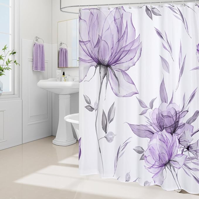 Litabel Extra Long Boho Watercolor Floral Shower Curtain 72 x 84, Lavender Painting Style Flower Shower Curtains for Chic Elegant Bathroom, Artistic XL Modern Fabric Cloth Shower Curtain