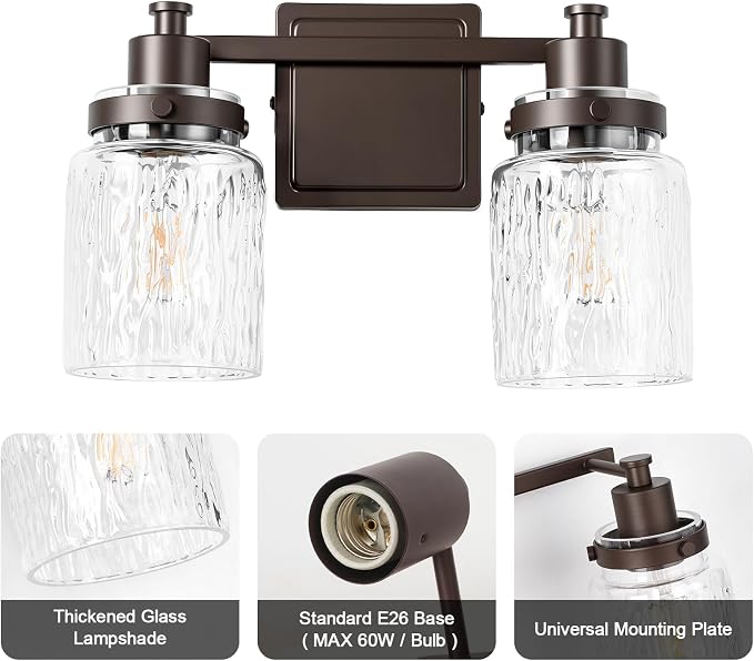 2 Light Bathroom Vanity Light Fixtures Farmhouse Oil Rubbed Bronze | ETL Certificate, Easy to Install,Wall Mount Up or Down,Hammered Glass Lampshade,E26 Socket,Hardwired,120V