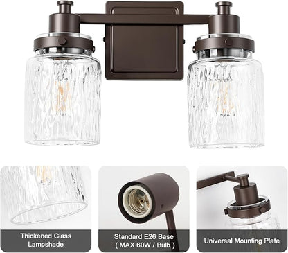 2 Light Bathroom Vanity Light Fixtures Farmhouse Oil Rubbed Bronze | ETL Certificate, Easy to Install,Wall Mount Up or Down,Hammered Glass Lampshade,E26 Socket,Hardwired,120V