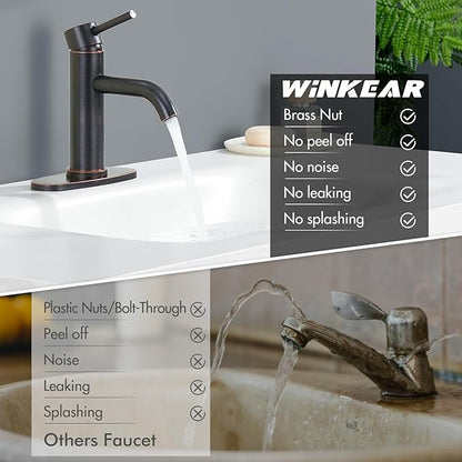 Oil Rubbed Bronze Bathroom Faucet, WINKEAR Single Hole Faucet with Pop-up Drain and Flexible Hoses, Single Handle Faucet for Bathroom Sink, Vanity, RV, Modern Farmhouse, Suitable for 1 Hole or 3 Hole
