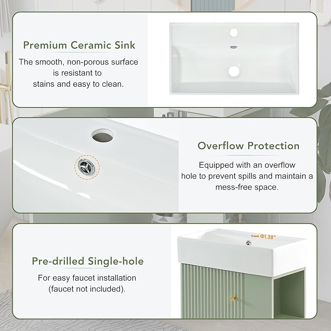 Merax Bathroom Vanity with Ceramic Sink, 21.6" Freestanding Bathroom Cabinet Vanity with Storage, Single Sink Small Vanity, Green