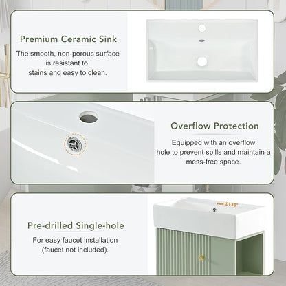 Merax Bathroom Vanity with Ceramic Sink, 21.6" Freestanding Bathroom Cabinet Vanity with Storage, Single Sink Small Vanity, Green