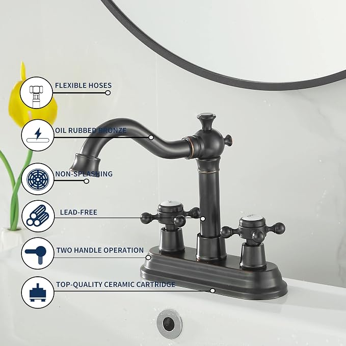 Bathroom Faucet Oil Rubbed Bronze 2 Handles 4 Inches Centerset Bathroom Vanity with Drain Assembly and Supply Hose Lavatory Faucet