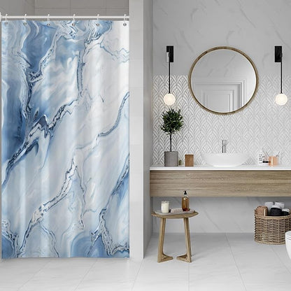 Blue Shower Curtain, Ombre Blue Marble Shower Curtain for Bathroom Modern Aesthetic Waterproof Shower Curtain Set with Hooks, 54x72 Inch