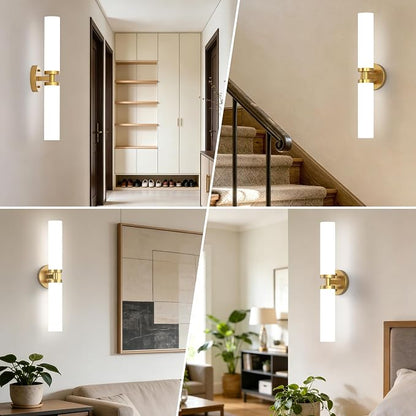 Wall Sconces Set of 2 Hardwired Bathroom Light Fixtures E26 Base | Brushed Gold, 22Inch, Modern Vanity Wall Lighting with Milky White Glass Shade, for Mirror Bedroom Living Room Hallway