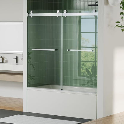 60" x 59" Frameless Sliding Shower Door for Bathtub, Dual 1/4" Brushed Tempered Glass Panels, Stainless Steel Square Top Rail & Dual Handles, Smooth Bi-Directional Sliding, Space-Efficient