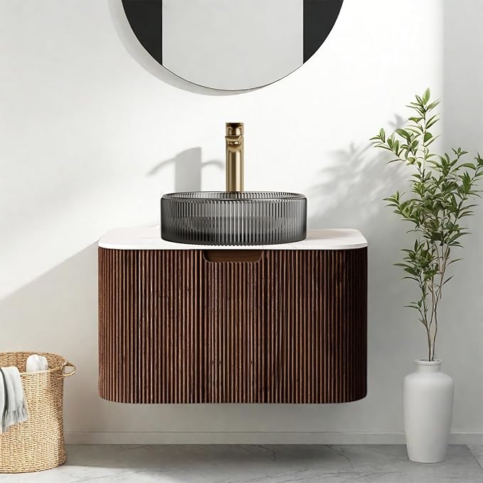 24" Modern Floating Bathroom Vanity with Sink, Wall-Mounted Cabinet with Transparent Black Glass Basin and Marble Top, Extra Soft-Close Large Storage Drawer, Pre-Assembled, Dark Walnut