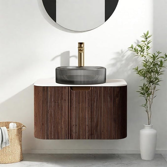 24" Modern Floating Bathroom Vanity with Sink, Wall-Mounted Cabinet with Transparent Black Glass Basin and Marble Top, Extra Soft-Close Large Storage Drawer, Pre-Assembled, Dark Walnut