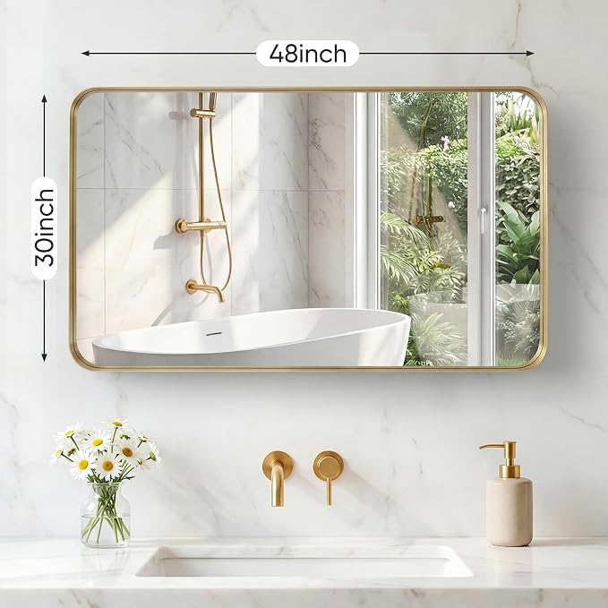 Sweetcrispy Bathroom Mirror 48x30 Inch, Vanity Mirror for Wall | Metal Framed Rounded Rectangle, Over Sink, Farmhouse Restroom, Anti-Rust, Horizontal or Vertical Hanging, Gold
