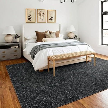 Garvee Washable Rugs 9x12 Modern Textured Area Rugs for Living Room, Black | Non Slip Neutral Solid Color Non Shedding Stain Resistant Low Pile Minimalist Soft Rug for Dining Room Bedroom Nursery