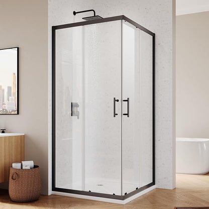 ELEGANT 34" D x 34" W x 72" H Corner Double Sliding Shower Door, Matte Black Frame, 1/4" ANSI Tempered Glass, Space-Saving for Small Bathroom