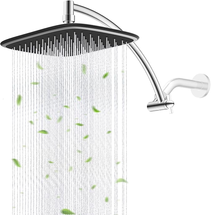 Rain Shower Head with 12" Metal Extension Arm, 10" High-Pressure Showerhead | Chrome Finished, Boosting Rainfall/Fixed Showerhead, Shower Head Extender Adjustable Height/Angle, 1-Min Easy to Install