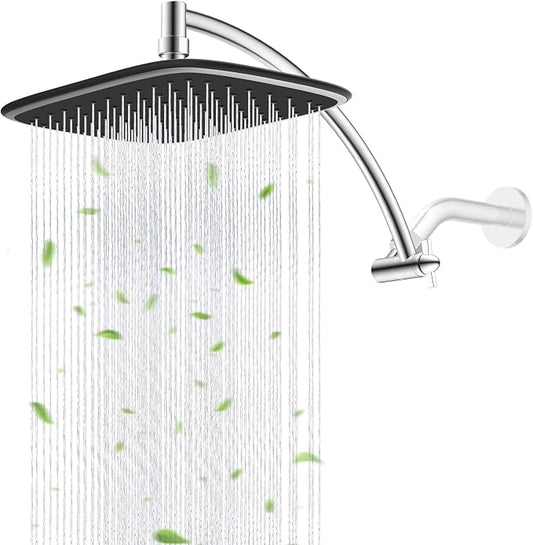 Rain Shower Head with 12" Metal Extension Arm, 10" High-Pressure Showerhead | Chrome Finished, Boosting Rainfall/Fixed Showerhead, Shower Head Extender Adjustable Height/Angle, 1-Min Easy to Install
