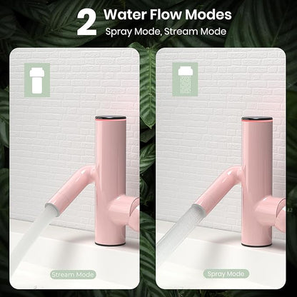 Bathroom Sink Faucet, Cactus-Shaped, Single Hole with Water-Powered 3Colors LED Temperature Display and Adjustable Outlet, 2 Water Flow Modes with Supply Hoses, No Battery, Pink