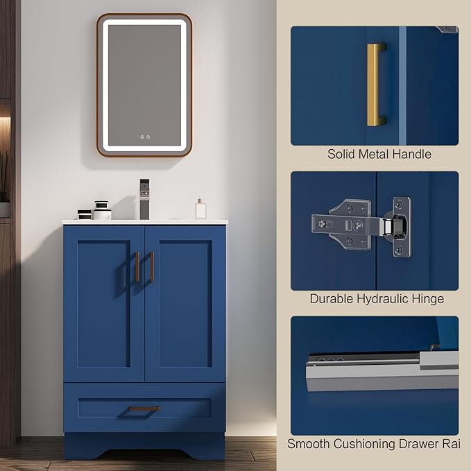 24 inch Bathroom Vanity with Sink, Modern Blue Vanity for Bathroom with Undermount Ceramic Sink, Freestanding 2-Door & 1-Drawer Storage Cabinet, for Small Bathroom Space, (Blue, 24")
